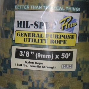 Military Spec. General Utility Rope
1350 pound tensile strenght
3/8 (9mm) x 50'