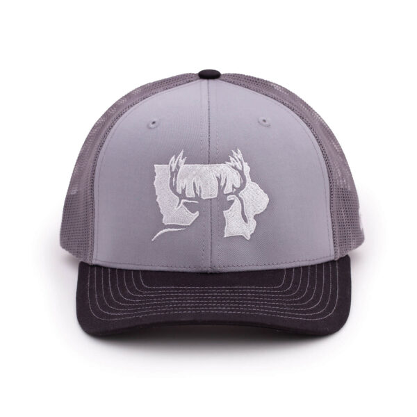 front view of gray hat with black bill - Richardson hat embroidered with iowawhitetail.com logo